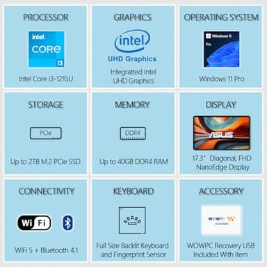 ASUS New 17.3" Vivobook | Intel Core i3-1215U 6-core Processor | 40GB RAM | 1TB SSD | FHD Display | Backlit Keyboard | Fingerprint Reader | Windows 11 Pro (Renewed) - Image 2