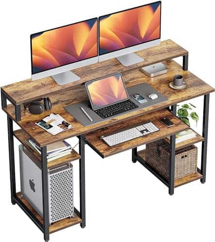 CubiCubi Computer Desk with Keyboard Tray, 47 Inch Office Desk with Monitor Stand and Storage Shelves, Music Studio Desk Workstation, Work Table for Home Office, Rustic Brown - Image 1