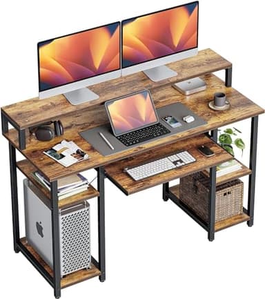 CubiCubi Computer Desk with Keyboard Tray, 47 Inch Office Desk with Monitor Stand and Storage Shelves, Music Studio Desk Workstation, Work Table for Home Office, Rustic Brown - Image 1
