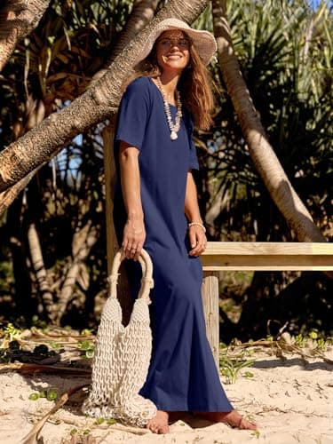 MEROKEETY Women's 2025 Summer Maxi Dress Casual Short Sleeve Beach Vacation Crewneck Basic Long T Shirt Dresses, Navy, X-Large - Image 7