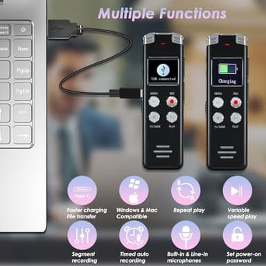 64GB Digital Voice Recorder with Playback: Voice Activated Recorders for Lectures Meetings Interviews - EVISTR Dictaphone Recording Device Tape Recorder Portable Mini, Audio Recorder with USB, MP3 - Image 6