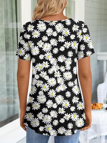 LONGYUAN Women's Casual Short Sleeve Tops Summer Loose Fitted Flowy Tunic Soft Cute Pleated Shirts Fl Large - Image 3