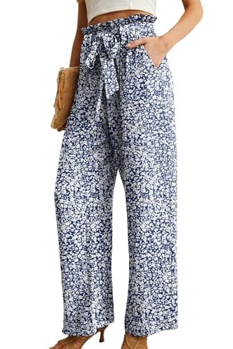 IWOLLENCE Women's Wide Leg Pants with Pockets High Waist Adjustable Knot Loose Casual Trousers Business Work Casual Pants Blue White Flower S - Image 2