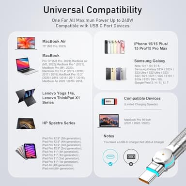 USB C to USB C Cable10ft,240W 2-Pack Braided 180°Rotating Type C Charging CableFast Charge for iPhone 16/16Pro/16Plus/16ProMax,MacBook Air,iPad Pro,Pixel,Samsung Galaxy S23/S24 Ultra-Black - Image 7