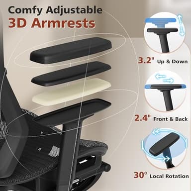 Ergonomic Office Chair with Foot Rest, Home Mesh Desk Chair with Adjustable Lumbar Support, 3D Armrest, 3D Headrest, 90°-135° Lockable Reclining Function, Comfy High Back Swivel Computer Gaming Chairs - Image 7