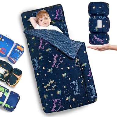 Primlect Thickened Toddler Nap Mat with Removable Pillow and Minky Blanket, Extra Large 55''x35'' Sleeping Bag, Washable, Roll up, Perfect for Daycare, Preschool, Kindergarten, Boys and Girls Unicorn - Image 1