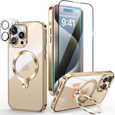 [Tri-Shield Protection] for iPhone 15 Pro Max Case with 360° Spin Stand Compatible with MagSafe [Magnetic CD Ring] [Screen & Camera Lens Protector] Shockproof Plating Never-Yellowing, Gold-6.7" - Image 1