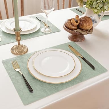 Romanstile Vinyl Placemats Set of 4-12 X 18 Inch - Heat Resistant Non-Slip Embossed Floral Place Mats 100% Waterproof Oilproof Wipeable Faux Leather Table Mats for Kitchen/Dining/Party, GrassGreen - Image 2