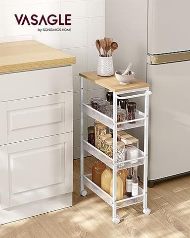 VASAGLE Slim Rolling Cart, 4-Tier Storage Cart, Narrow Cart with Handle, 8.7 Inches Deep, Metal Frame, for Kitchen, Dining Room, Living Room, Home Office, Oak Beige and Classic White ULRC033W09 - Image 2
