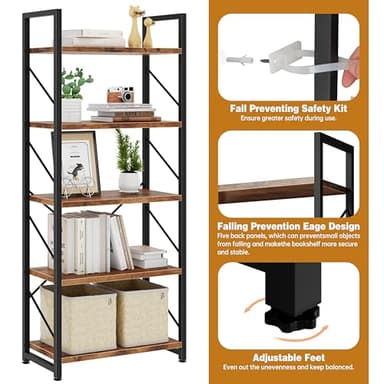 Bookshelf, 5 Tier Bookshelves, Home Office Bookcase Shelf Storage Organizer, Free Standing Storage Shelving Unit for Bedroom, Living Room and Home Office,Rustic Brown - Image 6