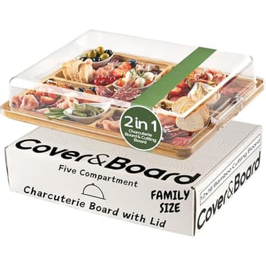 Cover&Board 2-in-1 Charcuterie Board with Lid, Large 12x16 Bamboo Cutting Board and Wooden Tray with 5 Compartments and Clear Cover, Charcuterie and Cheese Server for Entertaining and Travel, Gift Box - Image 1
