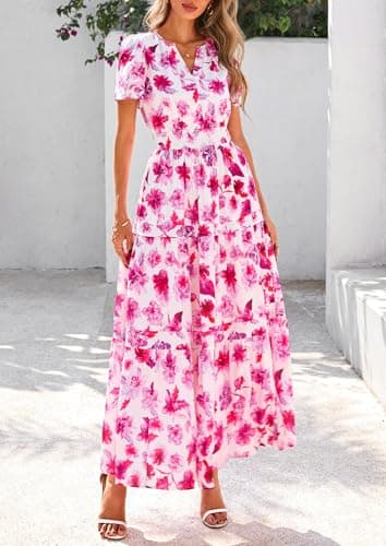 PRETTYGARDEN Women's 2025 Summer Boho Maxi Dresses Floral Short Sleeve V Neck A Line Tiered Flowy Long Beach Vacation Dress (White Pink Floral,Large) - Image 6
