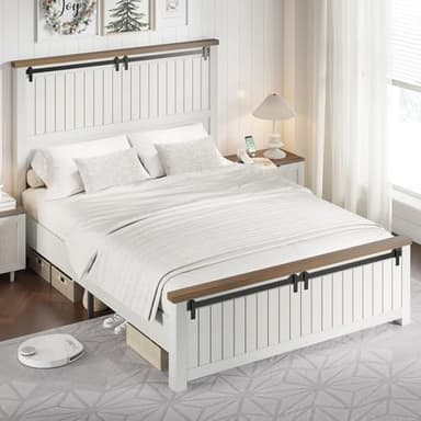 AMERLIFE Farmhouse Full Size Bed Frame with Sliding Barn Door, Wooden Rustic Platform Bed Frame with 47" Tall Headboard, Noise-Free, Solid Wood Slats & Metal Support, No Box Spring Needed, White - Image 1