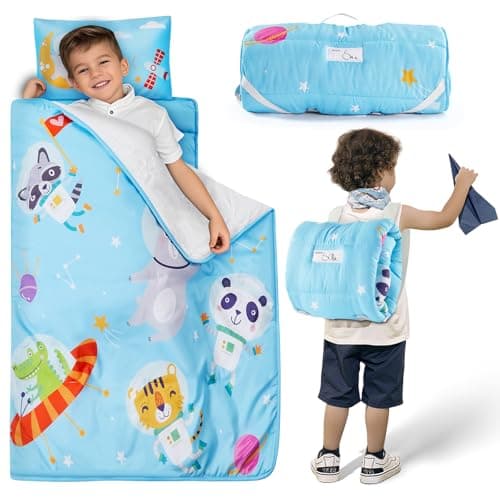 Safotad Toddler Nap Mat with Pillow and Blanket, Soft Sleeping Bag for Kids Boys and Girls, Slumber Bags Kids for Preschool, Daycare, Travel, Camping, 54" x 33" Great for Ages 3-6（Light Blue - Image 1