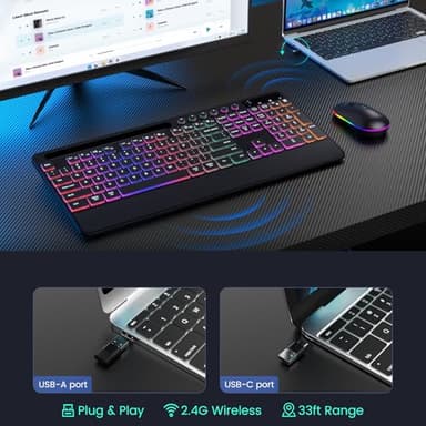 Wireless Keyboard and Mouse Combo - Dual System RGB Backlit Mouse and Keyboard,2.4G Rechargeable,Full-Sized Ergonomic Silent Design with Phone Holder for Windows Mac PC Laptop (Black-V2) - Image 6