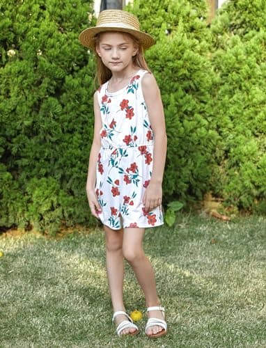 PATPAT Big Kids 3 Pieces Solid Floral Rompers Little Girl Elastic Waist Sleeveless One Piece Knit Jumpsuits Multipack, 7-8 Years - Image 4