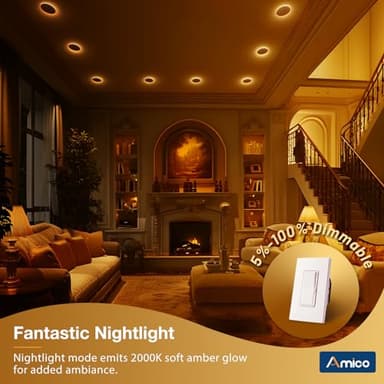 Amico 12 Pack 4 Inch 5CCT LED Recessed Ceiling Light with Night Light, 2700K/3000K/3500K/4000K/5000K Selectable Ultra-Thin Lighting, 10W=90W, 700LM, Dimmable Canless Wafer Downlight - ETL&FCC - Image 6