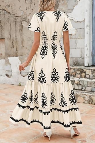 PRETTYGARDEN Womens 2025 Summer Casual V Neck Boho Maxi Dress Flowy Aline Bell Sleeve Tiered Floral Dresses with Pocket (Floral Apricot Black,X-Large) - Image 2