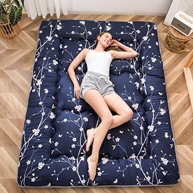 MAXYOYO Japanese Floor Mattress Navy Floral Printed Futon Mattress Foldable Floor Bed Roll Up Camping Mattress Floor Lounger Queen Size Bed Mattress - Image 5