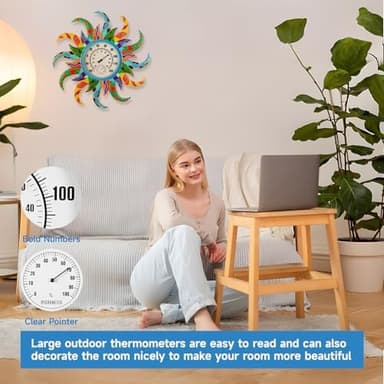 Large Blue Sun Outdoor Thermometer & Hygrometer Combo, 25'' Indoor Outdoor Wall-Mounted Thermometer Gauge, Decorative Indoor Outside Temperature Thermometer for Patio, Garden, Living Room,Kitchen - Image 4