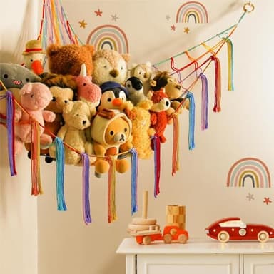Stuffed Animal Hammock Corner Storage Net Cute Preppy Trendy Stuff Gifts for Teen Girls Baby Room Wall Nursery Decor Rainbow Color Colorful Unicorn Hanging Organizers XL Large - Image 2