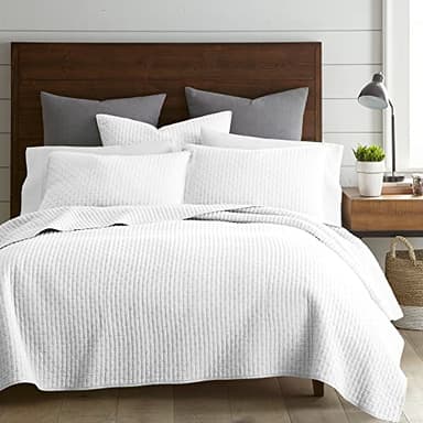 Levtex Home Cross Stitch Reversible King/Cal King Quilt Set (106x92in) and 2 Pillow Shams (36x20in) - Stitch Texture - Bright White - Cotton King Size Quilt Bedding Set - Lightweight Soft Pre-Washed - Image 1