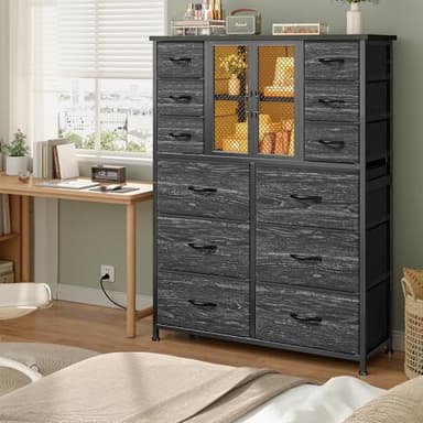 Dresser for Bedroom with 12 Drawers, Charging Station & LED Light & Mesh Door, Large Chests of Drawers for Hallway, Living Room, Entryway, Wooden Top, Metal Frame, Black, 50.6" H x 37.8" W x 11.8" D - Image 9
