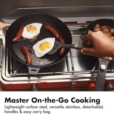 OXO Outdoor 8 Piece Camping Cookware Set, 10" Pre-Seasoned Carbon Steel Frying Pan Skillet, 2.25QT and 5QT Stainless Steel Saucepans with Lids, Removeable Handle, Trivet, Travel Bag, Space-Saving - Image 2