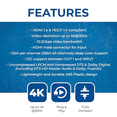 OREI 4K HDMI Splitter 1 in 2 Out - 1X2 HDMI Splitter for Dual Monitors Ultra HD 4K@30Hz with [ 2ft HDMI Cable ], 3D & 1080P Support for Xbox, PS4, Blu-ray, HDT, Will not Extend Display Screen - Image 7