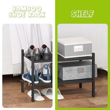 BMOSU 2-Tier Bamboo Small Shoe Rack Premium Stackable Shoe Shelf Storage Organizer for Hallway Closet Living Room Entryway Organizer(Black) - Image 4