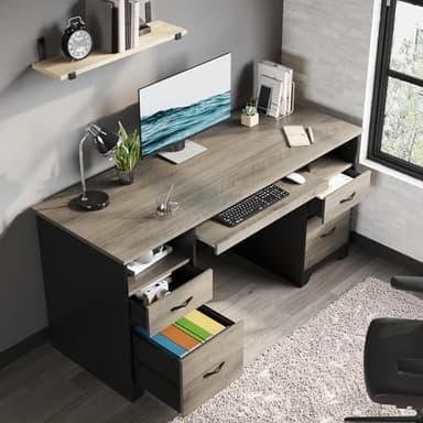 Bestier 59” Computer Desk with 4 Drawers, Office Desk with Storage, Industrial Executive Desk with File Drawer, Keyboard Tray & 2 Pedestals on Both Sides for Home Office & Studio, Grey - Image 7