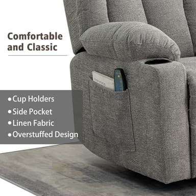 Ketaiyou Rocker Swivel Recliner Chair for Adults, Overstuffed Large Manual Recliner Glider with Massage and Heat, Comfy Soft Fabric Living Room Reclining Sofa Chair(Lime Gray) - Image 9