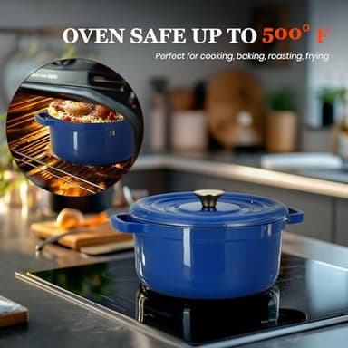 Overmont Enameled Cast Iron Dutch Oven - 5QT Pot with Lid Cookbook & Cotton Potholders - Heavy-Duty Cookware for Braising, Stews, Roasting, Bread Baking blue - Image 8