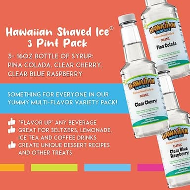 Hawaiian Shaved Ice Syrup Assortment, 3 - 16oz Bottles of The Most Popular Flavors: Clear Cherry, Pina Colada, Clear Blue Raspberry. For Shaved Ice, Snow Cones, Sodas, Ice Pops, and Slushies. Allergy-Friendly. Dye-Free. No Artificial Colors - Image 3