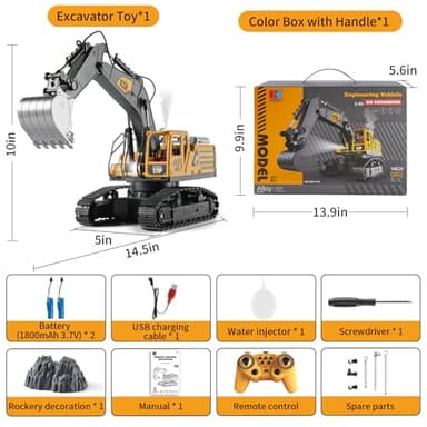 KASQERT Remote Control Excavator Toys for Boys,14 Channel 1:14 RC Digger Construction Toys Tractor,Simulated Smoke, Sound, Lighting, Metal Digging Head, for Boys 6 7 8 9 10 11 12 - Image 3