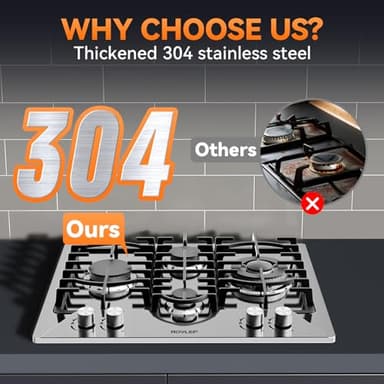 Gas Cooktop 24 Inch ROVLEP, Gas Stove Top Built-in 4 Burners Stainless Steel Total 31,600 BTU, 24 Inch NG/LPG Convertible Propane Cooktops Dual Fuel, RV Stove Top with Thermocouple Protect - Image 2