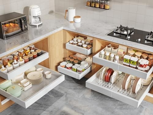 Seinloes 6 Pack Pull Out Cabinet Organizers 21" Deep With Raising Pad for Framed Cabinets, Expandable Slide Out Drawers with 4pcs Divider Racks, Roll Out Shelves, Adjustable Width 12"-20.45" White - Image 1