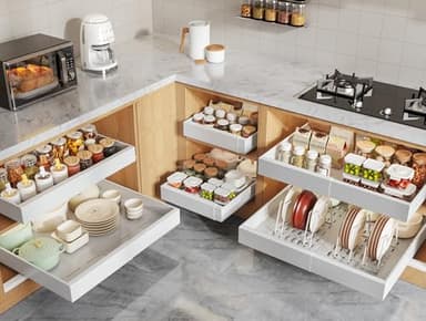 Seinloes 6 Pack Pull Out Cabinet Organizers 21" Deep With Raising Pad for Framed Cabinets, Expandable Slide Out Drawers with 4pcs Divider Racks, Roll Out Shelves, Adjustable Width 12"-20.45" White - Image 1