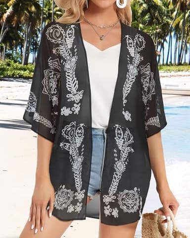 Summer Kimono Cardigan for Women Sheer Boho Tops Casual Open Front Swimwear Shirts Beach Cover ups (Caftan Black,XL) - Image 3