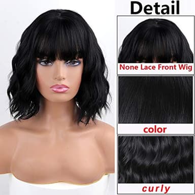 MISSQUEEN Short Wavy Black Wig with Bangs, Short Black Bob Wigs for Women, Wavy Bob Wig with Bangs Synthetic Natural Looking Heat Resistant Fiber Wigs - Image 7