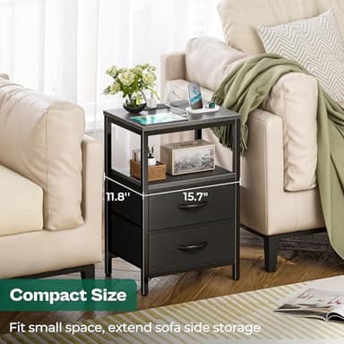 Huuger Nightstand with Charging Station, Side Table with Fabric Drawers, End Table with Open Shelf, Bedside Table with USB Ports and Outlets, Night Stand for Bedroom, Charcoal Gray - Image 5