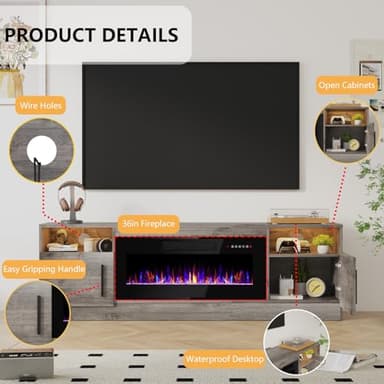 PRETZI Fireplace TV Stand with 36" Fireplace Up to 80" TVs,70" Entertainment Center with LED Lights,Remote Control,TV Media Console with Storage Cabinets for Living Room, Gray - Image 6