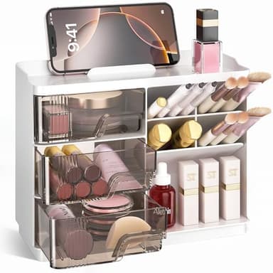 Delamu Makeup Organizer with Drawers, Multi-Function Vanity Organizer Countertop, Stackable Desk Organizer for Makeup Brush Lipstick Skincare Bathroom Vanity Organization and Storage, White - Image 1