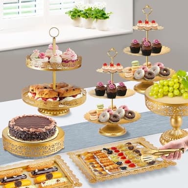 ELIMTEC Gold Cake Stand Metal Dessert Table Display Set Tiered Cupcake Holder Fruit Candy Donut Plate Serving Tower Tray Platter (Gold) - Image 2