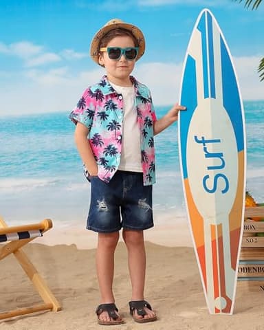 Coco&RARA Toddler Baby Boy Clothes Summer Beach Outfits Hawaiian Short Sleeve Button Down Shirts+Denim Shorts Casual Set (Colorful - Palm Trees, 4-5T) - Image 2
