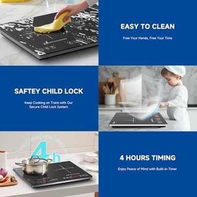 Double Induction Cooktop AMZCHEF Induction Cooker 2 Burners, Low Noise Electric Cooktops With 1800W Sensor Touch, 20 Temperature & Power Levels,Independent Control,3-hour Timer, Safety Lock - Image 6