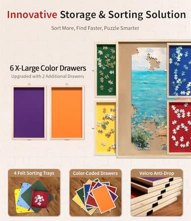 Rnice 1500 Piece Rotating Puzzle Board Pro, with 6 Drawers, Rubber Cover Mat, 34" x 25", 360° Lasy Susan, Sort-Wise Colorful Felt Drawers & 4 Trays, Wooden Jigsaw Puzzle Table, Birthday Gifts for Mom - Image 3