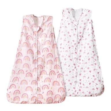 PHF 100% Muslin Cotton Baby Sleep Sacks, 12-18 Months Sleep Sack with 2-Way Zipper, 2 Pack Cooling 0.5 TOG Breathable Large Size Sleeveless Baby Wearable Blanket for Baby Girl, Rainbow - Image 1