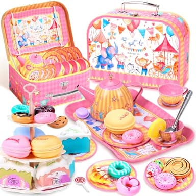61Pcs Tea Party Set for Little Girls, Dreamland World Tea Set Toys Including Dessert, Cake Stand & Carrying Case, Kids Kitchen Pretend Play for 3 4 5 6 Year Old Girl Birthday Gifts - Image 1