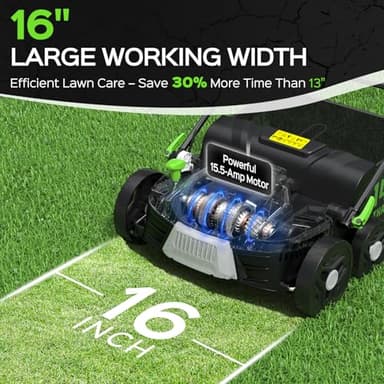 TIECTOWN 16-Inch 15.5 Amp 2-in-1 Electric Dethatcher and Scarifier with 14.5-Gallon Removable Thatch Collection Bag, Lawn Dethatcher with 5-Position Depth Adjustment, Quick-Fold, Keeps Lawn Healthy - Image 2